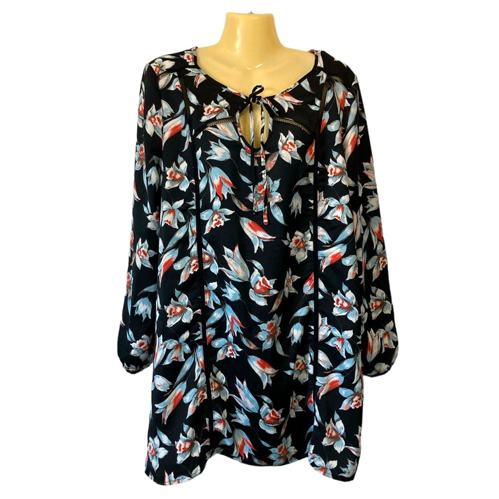 Minkpink Floral Keep Blooming Shift Dress Lined Front Tie Boho Retro Black Med